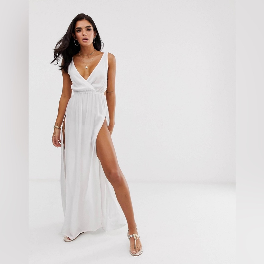ASOS DESIGN tie back cross front split maxi beach dress in white size medium